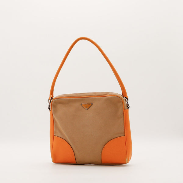 Sac à épaule Prada toile beige et cuir orange vue de face occasion authentique — AMANA Vintage