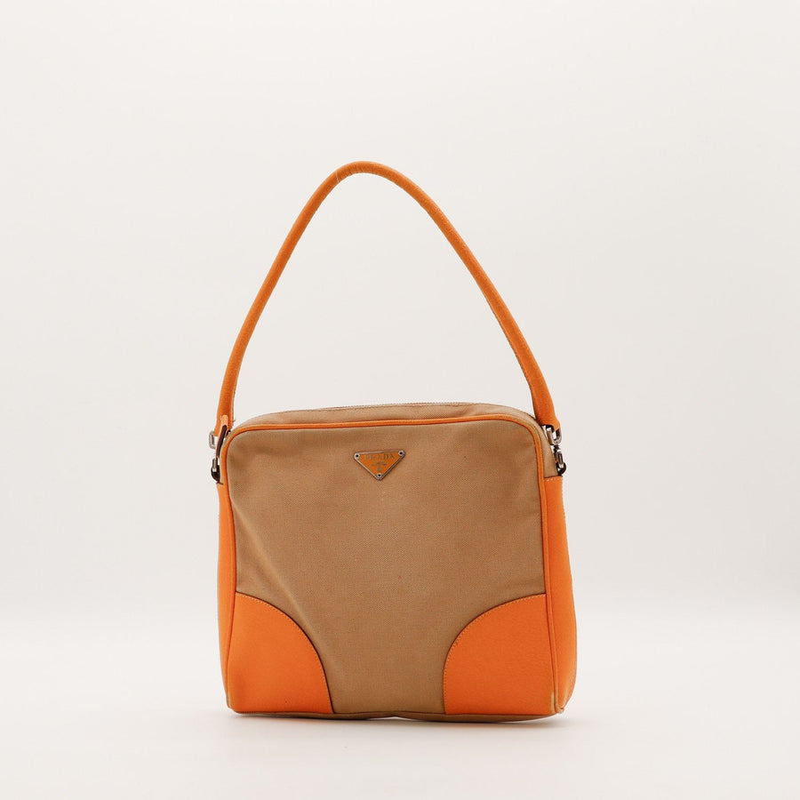 Sac à épaule Prada toile beige et cuir orange vue de face occasion authentique — AMANA Vintage