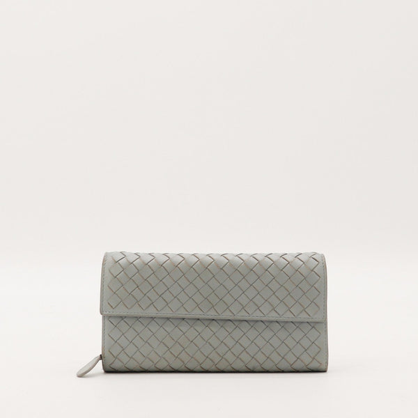 Portefeuille Bottega Veneta cuir Intrecciato gris vue de face occasion authentique — AMANA Vintage