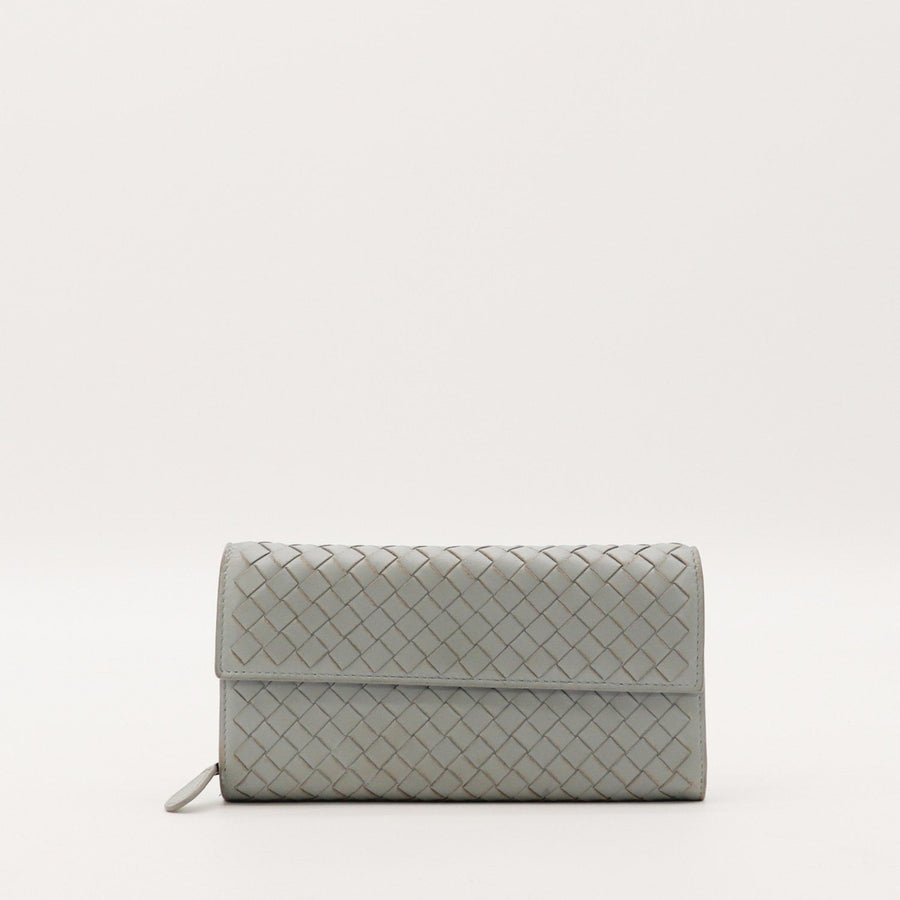 Portefeuille Bottega Veneta cuir Intrecciato gris vue de face occasion authentique — AMANA Vintage