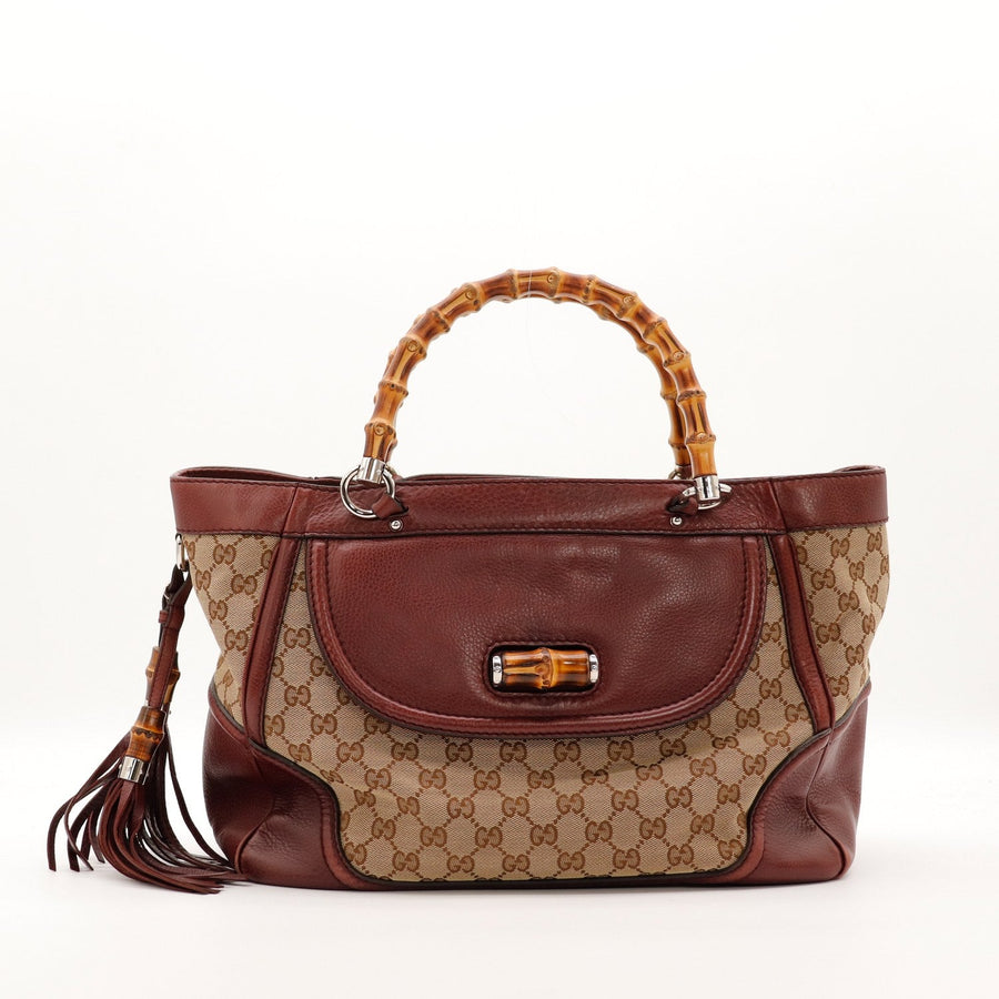 Tote Bag Bambou Gucci toile monogrammée cuir bordeaux vue de face occasion authentique — AMANA Vintage