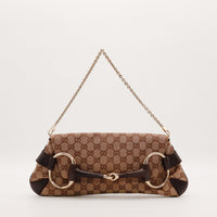 Pochette Gucci Horsebit toile monogrammée beige marron vue de face chaîne dorée occasion authentique — AMANA Vintage