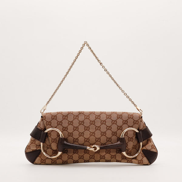 Pochette Gucci Horsebit toile monogrammée beige marron vue de face chaîne dorée occasion authentique — AMANA Vintage
