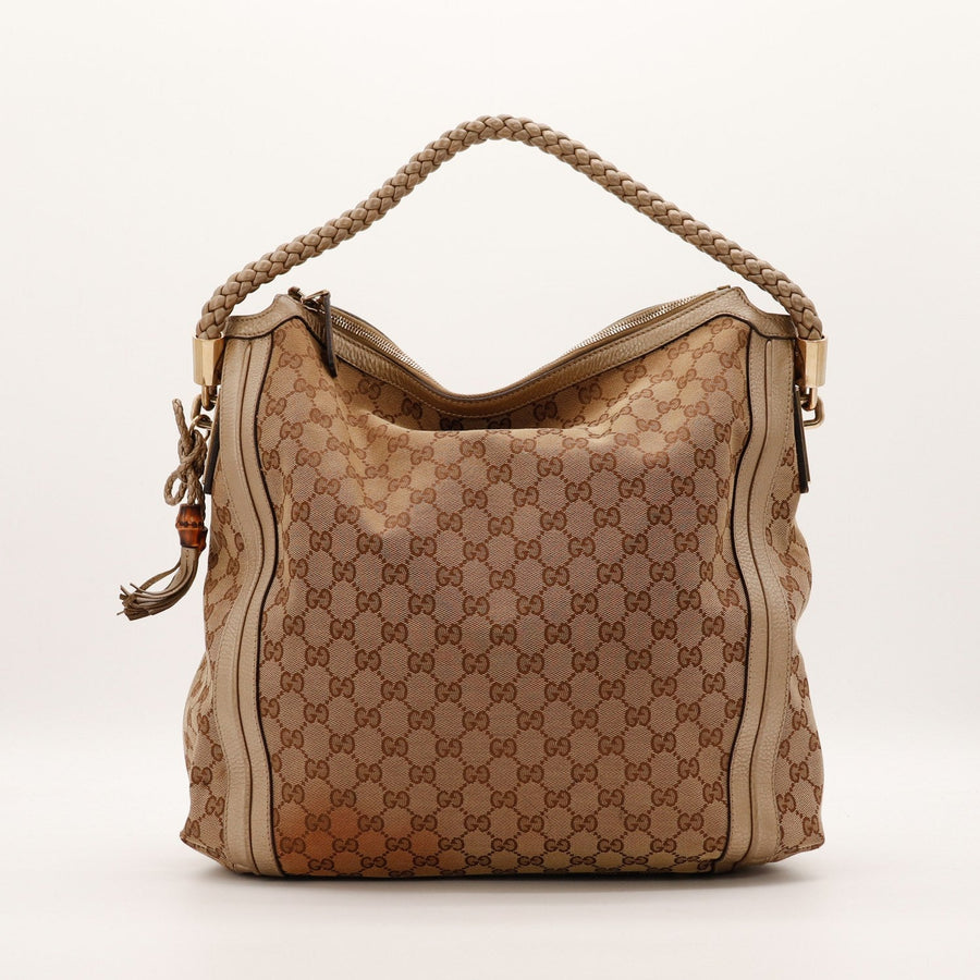 Hobo Bambou Gucci toile monogrammée beige taupe vue de face occasion authentique — AMANA Vintage