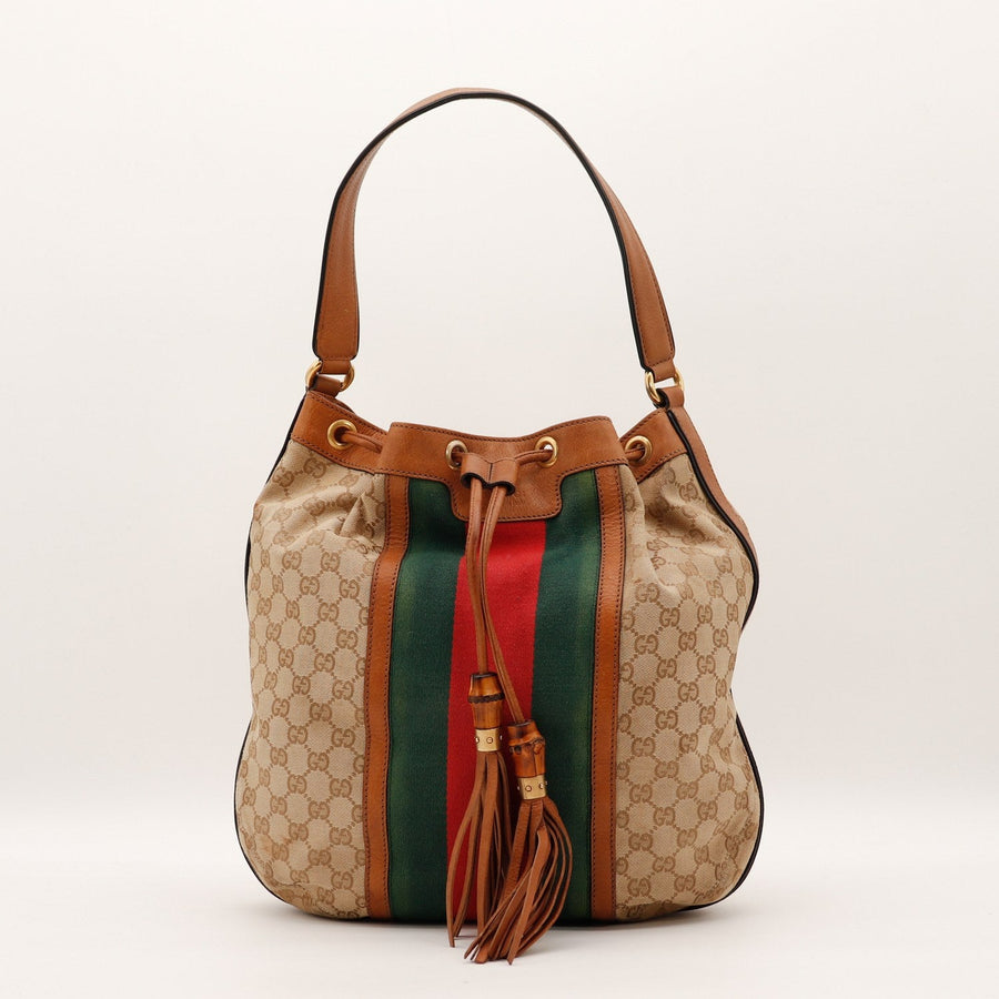 Sac seau Gucci Web toile monogrammée vue de face occasion authentique — AMANA Vintage