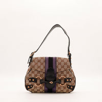 Sac Gucci Hobo Horsebit toile monogrammée velours violet cuir noir vue de face occasion authentique — AMANA Vintage