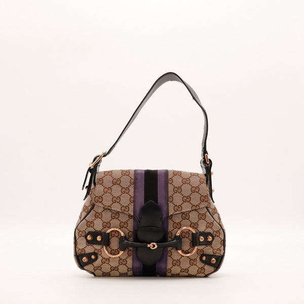 Sac Gucci Hobo Horsebit toile monogrammée velours violet cuir noir vue de face occasion authentique — AMANA Vintage