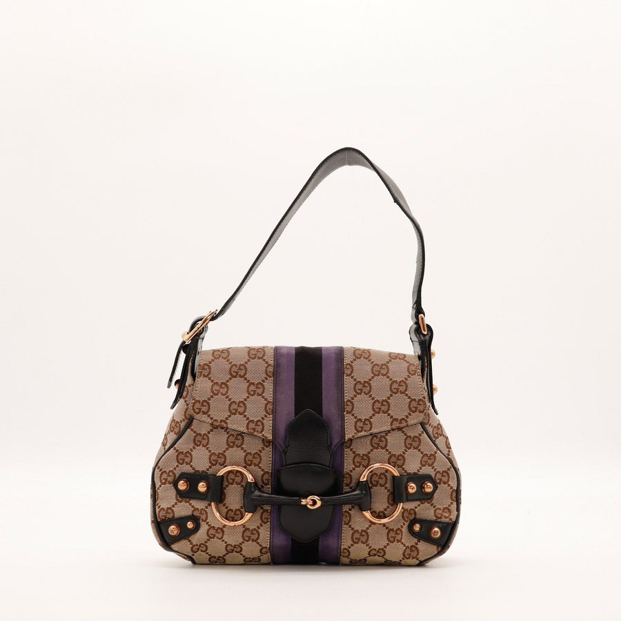 Sac Gucci Hobo Horsebit toile monogrammée velours violet cuir noir vue de face occasion authentique — AMANA Vintage