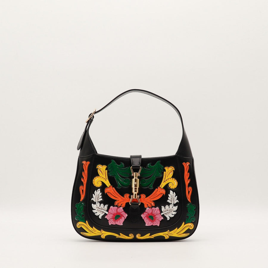 Sac Gucci Jackie cuir noir appliqués fleurs vue de face occasion authentique — AMANA Vintage