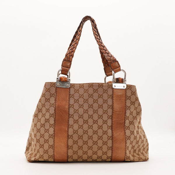 Tote Bag Bambou Gucci toile monogrammée anses tressées vue de face occasion authentique — AMANA Vintage