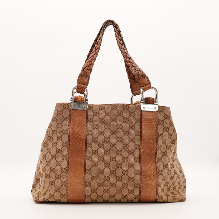 Tote Bag Bambou Gucci toile monogrammée anses tressées vue de face occasion authentique — AMANA Vintage
