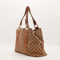 Tote Bag Bambou Gucci vue de trois quarts gauche toile monogrammée cuir grainé — AMANA Vintage