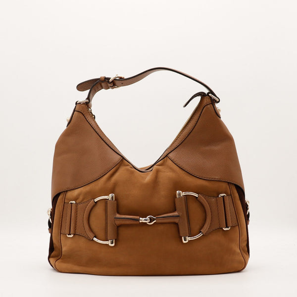 Sac Gucci Hobo Horsebit cuir camel vue de face fermoir mors de cheval doré occasion authentique — AMANA Vintage
