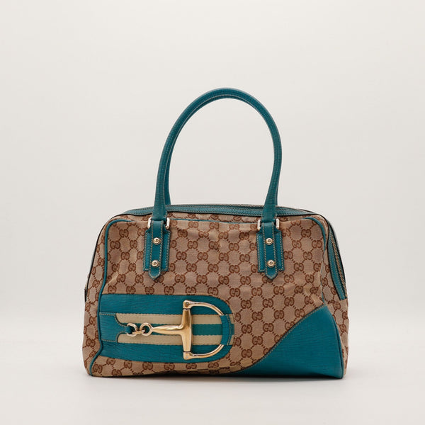 Sac Gucci Tote Horsebit toile monogrammée cuir turquoise vue de face occasion authentique — AMANA Vintage