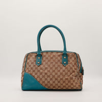 Face arrière Gucci Tote Horsebit monogramme toile beige cuir turquoise — AMANA Vintage
