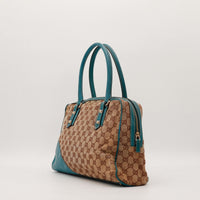 Vue latérale Gucci Tote Horsebit détail cuir turquoise et fermeture éclair — AMANA Vintage