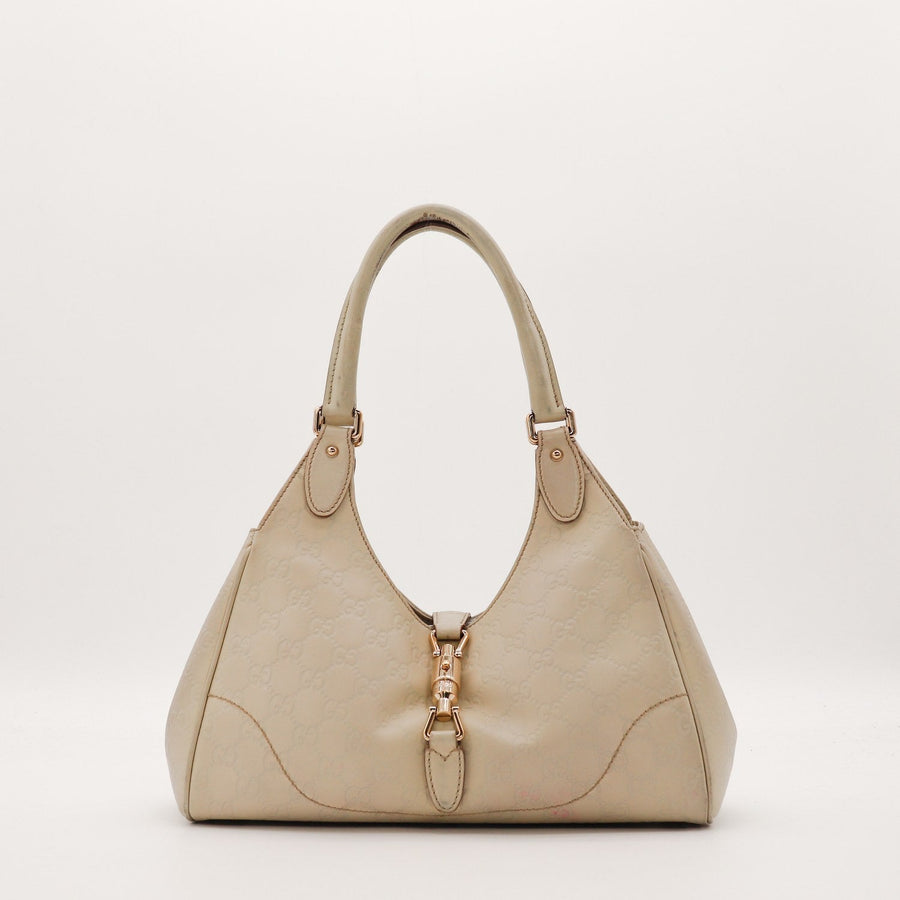 Sac Gucci New Jackie cuir Guccissima taupe vue de face occasion authentique — AMANA Vintage