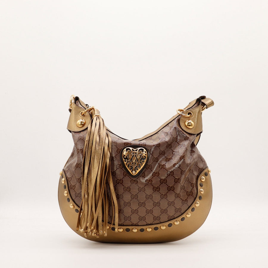 Hobo Gucci Babouska toile monogrammée cristal bronze et cuir doré vue de face — AMANA Vintage