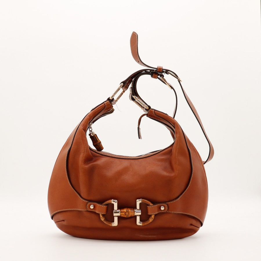 Sac Gucci Hobo Bambou cuir cognac vue de face fermoir bambou métal doré occasion authentique — AMANA Vintage