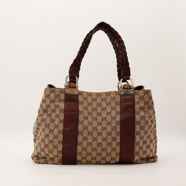 Tote bag Gucci toile GG Canvas marron bambou vue de face occasion authentique — AMANA Vintage