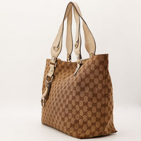 Vue de profil Tote Horsebit Gucci canvas beige cuir ivoire — AMANA Vintage