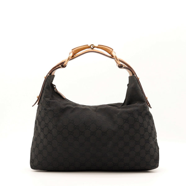 Sac Gucci Hobo Horsebit toile monogrammée noire vue de face occasion authentique — AMANA Vintage