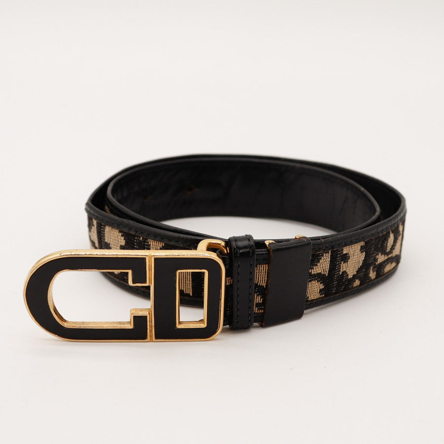 Ceinture Christian Dior toile Trotter boucle CD dorée vue d'ensemble occasion authentique — AMANA Vintage