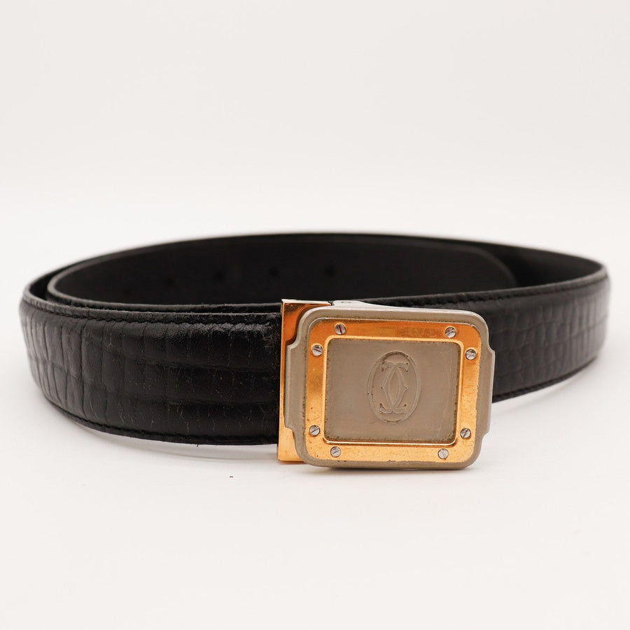 Ceinture Cartier cuir noir façon lézard boucle logo double C occasion authentique — AMANA Vintage