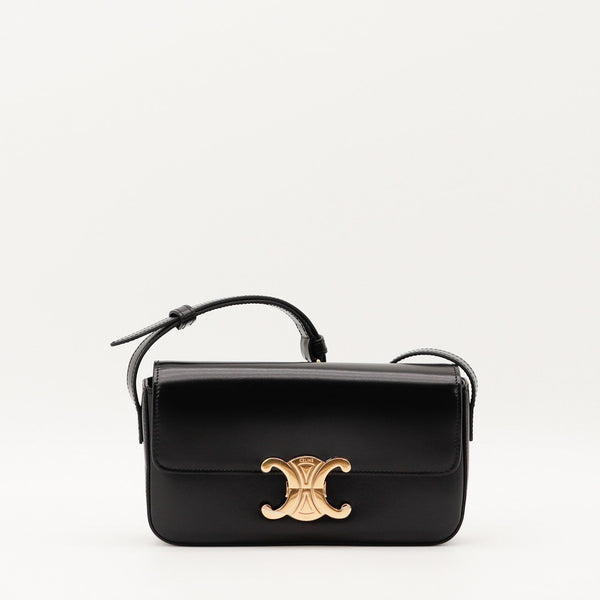 Sac Céline Triomphe cuir noir brillant vue de face occasion authentique — AMANA Vintage