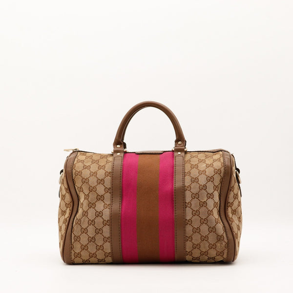 Sac Gucci Boston Web toile GG ruban rose occasion authentique vue de face — AMANA Vintage