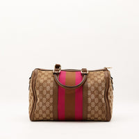 Sac Gucci Boston Web vue de face cote bandouliere toile GG occasion — AMANA Vintage