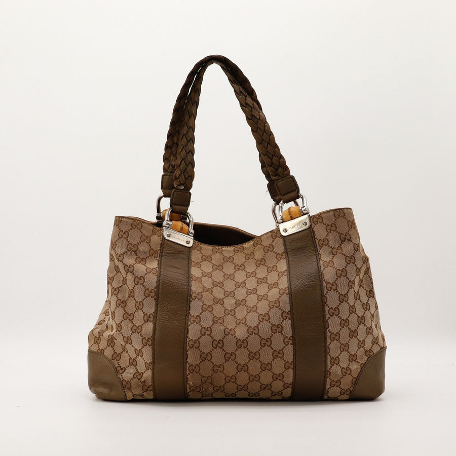 Tote Bag Bamboo Gucci toile GG canvas marron vue de face occasion authentique — AMANA Vintage