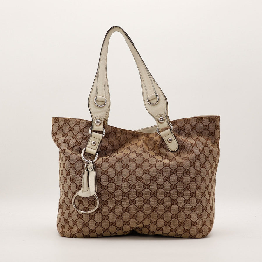 Tote Horsebit Gucci toile GG Canvas beige cuir ivoire vue de face occasion authentique — AMANA Vintage