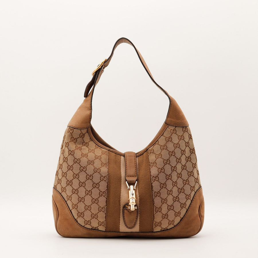 Sac Gucci New Jackie toile monogrammée beige marron vue de face occasion authentique — AMANA Vintage