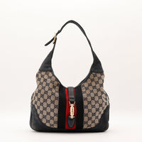 Sac Gucci New Jackie toile monogrammée beige cuir noir bande Web vue de face occasion authentique — AMANA Vintage