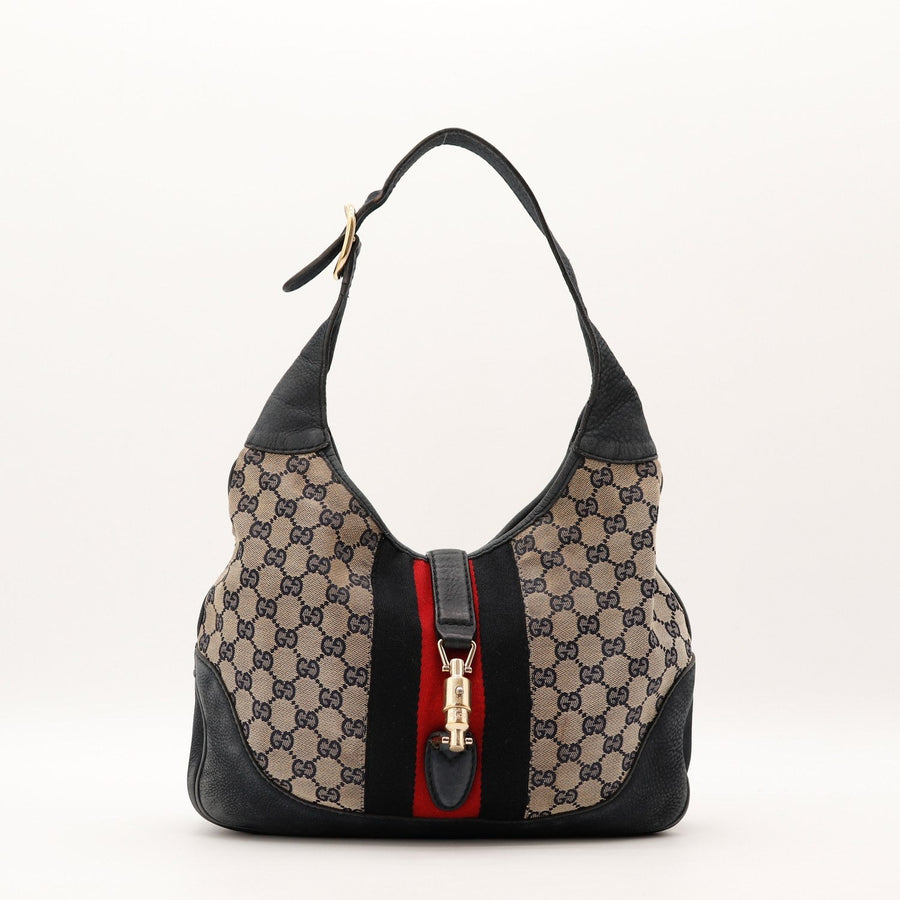 Sac Gucci New Jackie toile monogrammée beige cuir noir bande Web vue de face occasion authentique — AMANA Vintage