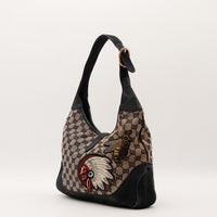 Vue latérale Gucci New Jackie broderies toile monogrammée cuir grainé noir — AMANA Vintage