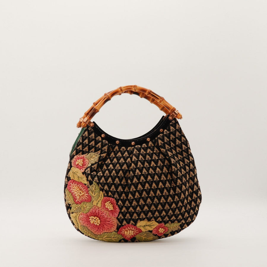 Sac Gucci Hobo Bambou toile jacquard broderie florale vue de face occasion authentique — AMANA Vintage