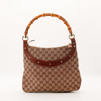 Sac Gucci Hobo Bambou toile monogrammée beige marron vue de face occasion authentique — AMANA Vintage