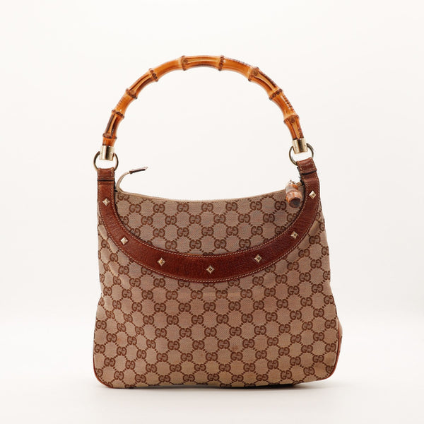 Sac Gucci Hobo Bambou toile monogrammée beige marron vue de face occasion authentique — AMANA Vintage
