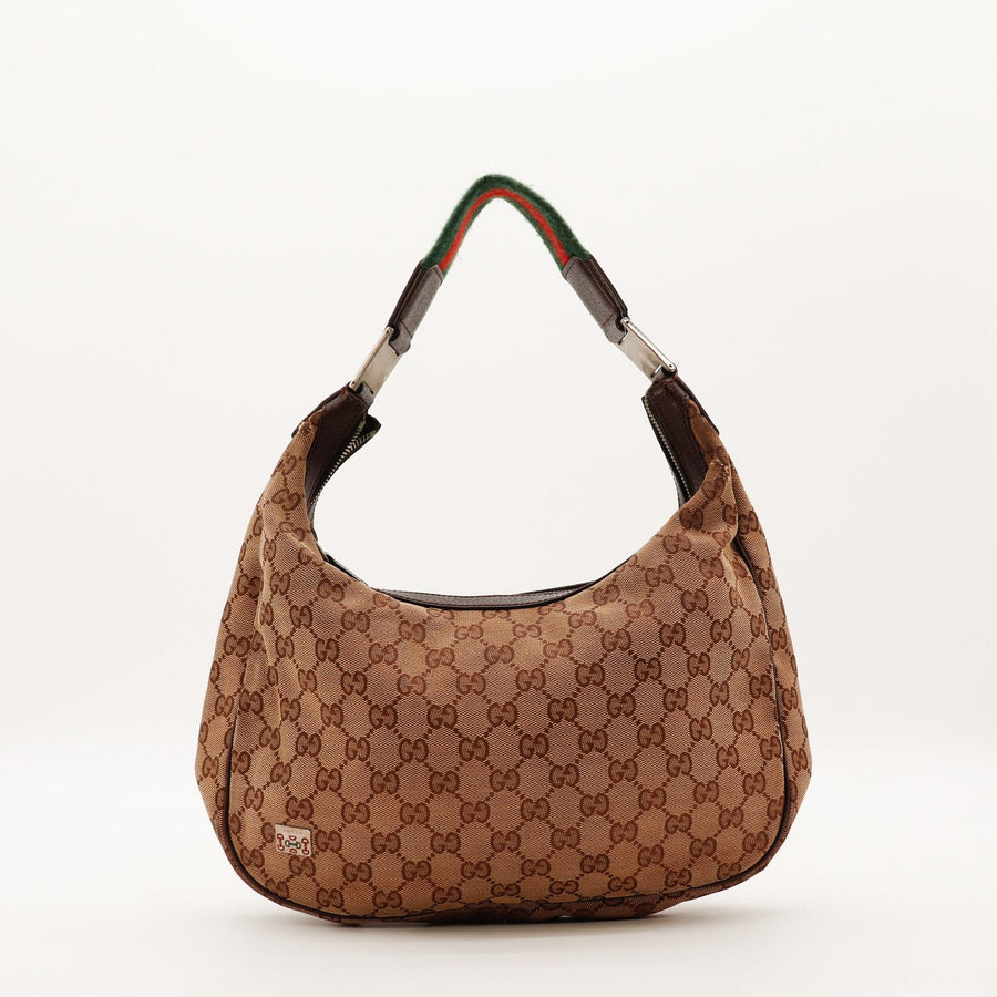 Hobo Web Gucci toile monogrammée beige bande Web vert rouge vue de face occasion authentique — AMANA Vintage