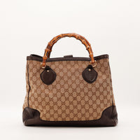 Tote Bag Bambou Gucci toile monogrammée beige et cuir marron vue de face occasion authentique — AMANA Vintage