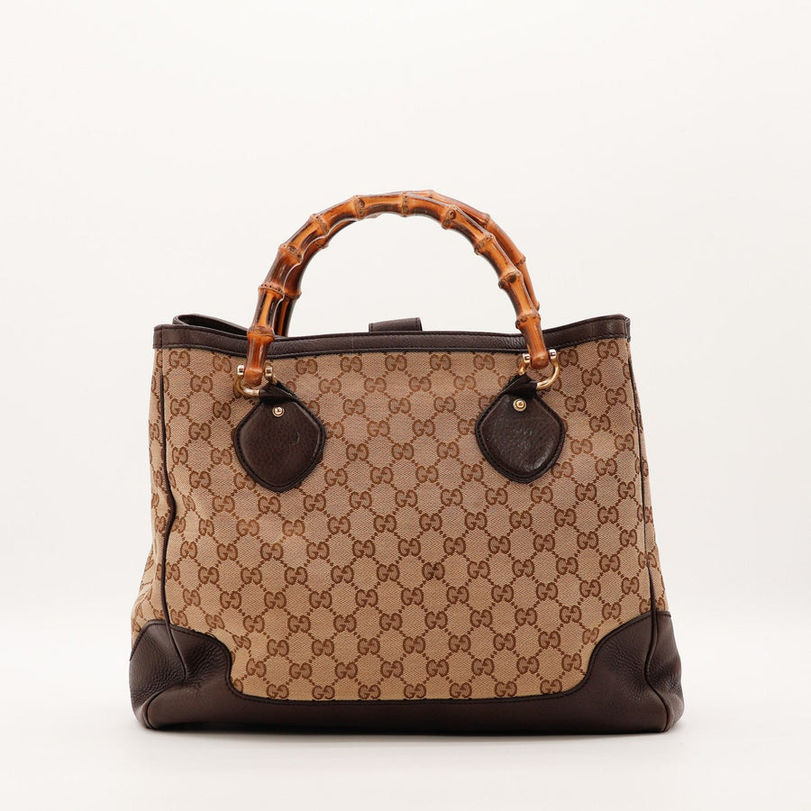 Tote Bag Bambou Gucci toile monogrammée beige et cuir marron vue de face occasion authentique — AMANA Vintage