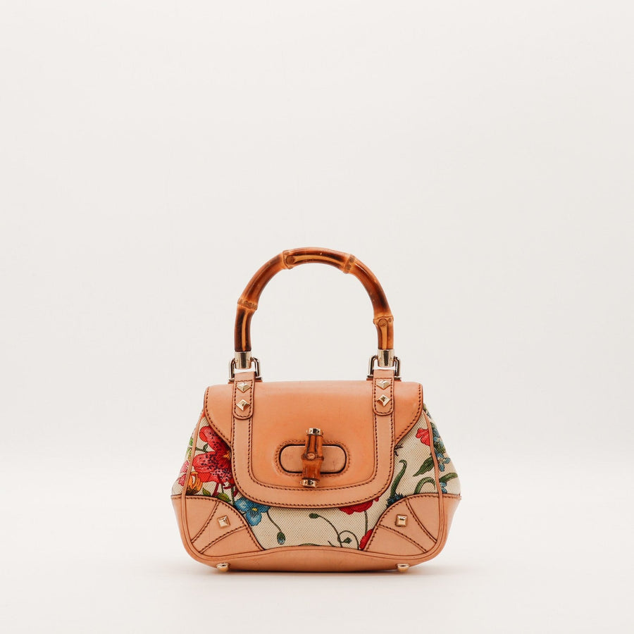 Sac Gucci Tote Bag Bella Bambou toile Flora beige cuir camel vue de face occasion authentique — AMANA Vintage