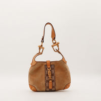 Hobo Indy Gucci daim taupe vue de face fermoir piston doré occasion authentique — AMANA Vintage