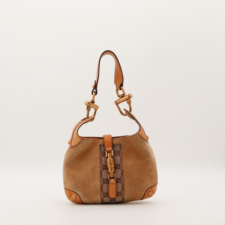 Hobo Indy Gucci daim taupe vue de face fermoir piston doré occasion authentique — AMANA Vintage