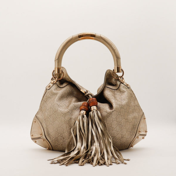 Gucci Indy Hobo cuir monogrammé métallisé bronze vue de face occasion authentique — AMANA Vintage