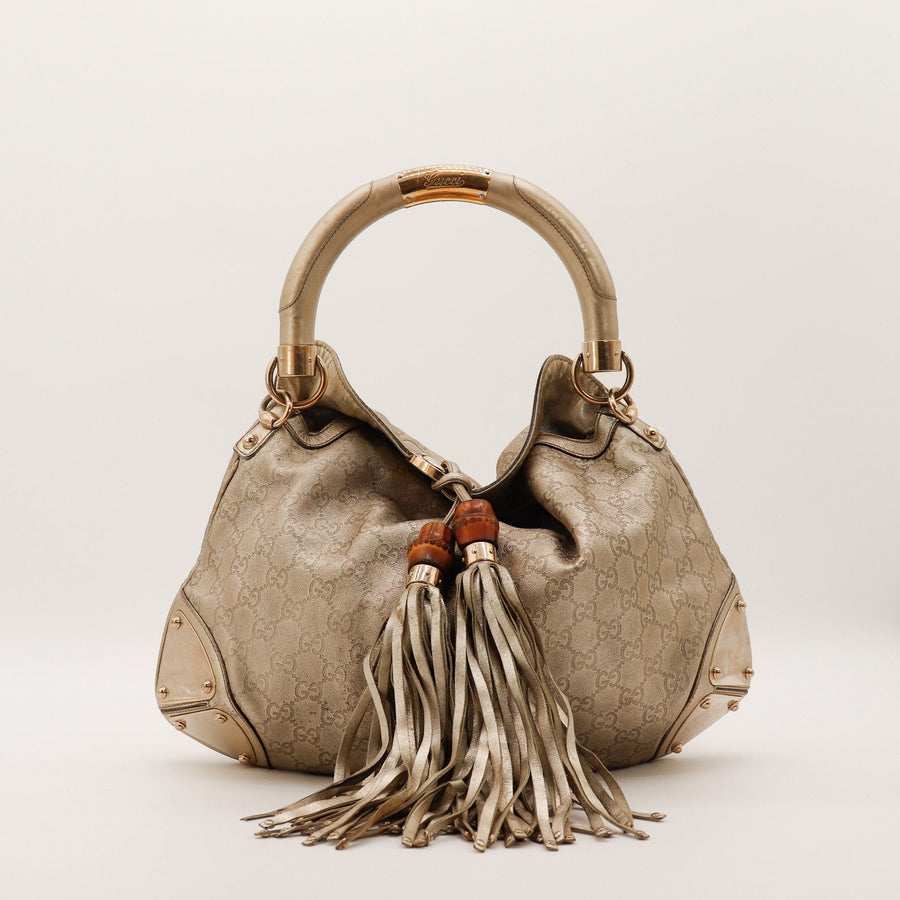 Gucci Indy Hobo cuir monogrammé métallisé bronze vue de face occasion authentique — AMANA Vintage