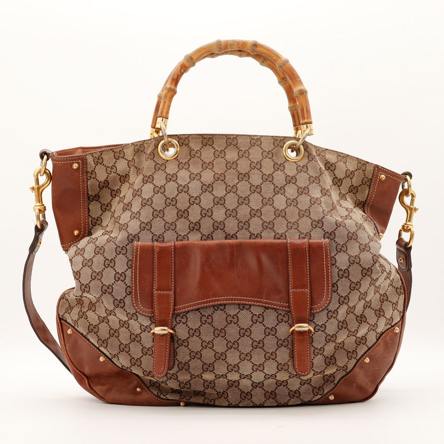 Tote Bag Bambou Gucci toile monogrammée marron vue de face occasion authentique — AMANA Vintage