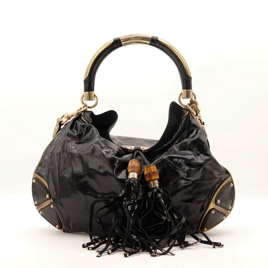Sac Gucci Indy Hobo noir cuir verni pompons bambou vue de face occasion authentique — AMANA Vintage